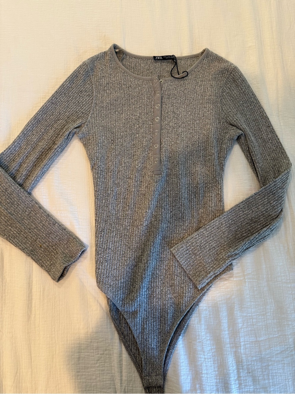 Zara Gray Ribbed Henley Long-Sleeve Bodysuit